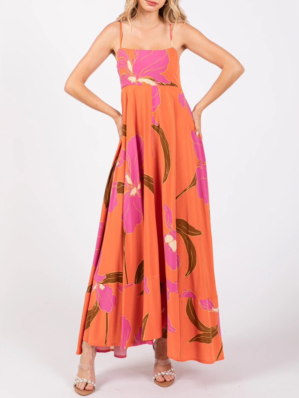 Olivaceous Orange Maxi Slip Dress with Pink & Olive Floral Print